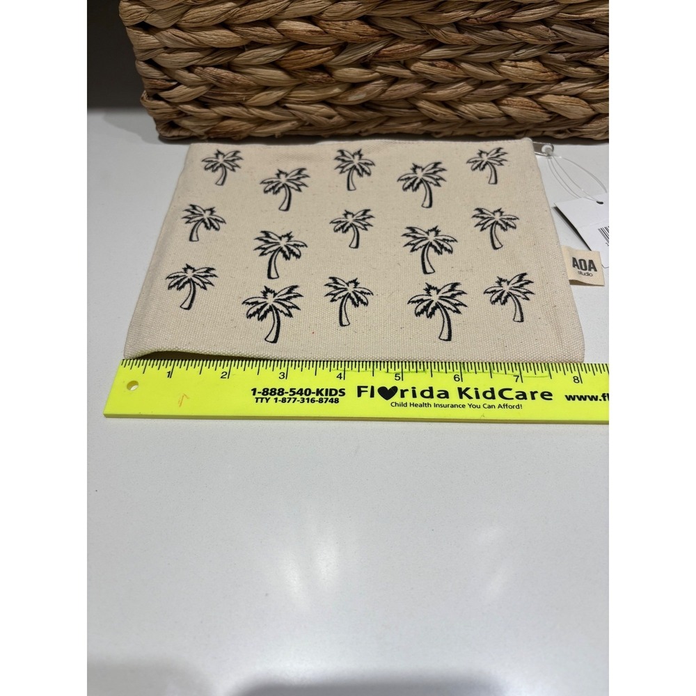 AOA Studio Canvas Makeup Bag Palm Tree Print Beige Black Zipper Pouch BOHO NEW - Picture 3 of 6